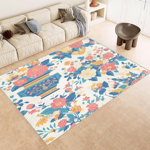 AUWUUA Wohnzimmerteppich, 50 x 80 cm, Vintage-Blumenmuster, Boho-Stil, niedriger Flor, waschbar, rutschfest, Pflanzen, Blumen, Teppiche für Schlafzimmer Esszimmer Bauernhaus Zuhause Büro, Blaurot von AUWUUA