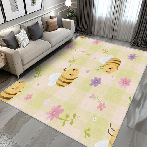 AUWUUA Wohnzimmerteppich mit Bienenmotiv, 210 x 240 cm, Cartoon-Design mit niedlichen Blumen, Blumenblättern, Gittergeometrie, Kinderspielmatte, waschbar, rutschfest, für Kinderzimmer, Spielzimmer AUWUUA Wohnzimmerteppich mit Bienenmotiv, 210 x 240 cm, Cartoon-Design mit niedlichen Blumen, Blumenblättern, Gittergeometrie, Kinderspielmatte, waschbar, rutschfest, für Kinderzimmer, Spielzimmer von AUWUUA