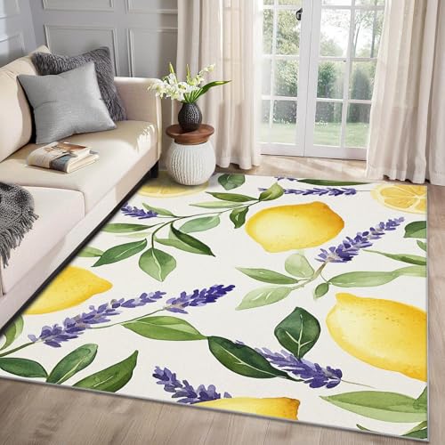 AUWUUA Zitronen Teppich 90x150cm Obst Küche Teppich Kurzflor, Lavendel Blumen Teppiche Schlafzimmer, Weich rutschfest Waschbare Teppiche für Flur Badezimmer Bettvorleger Kinderzimmer von AUWUUA