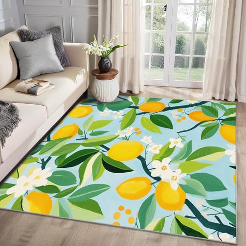 AUWUUA Zitronen Teppich Wohnzimmer 40x60cm Zitrone Blumen Blätter Botanisch Teppich Kurzflor Schlafzimmer, Tropische Früchte Waschbar rutschfeste Fußmatte für Küche, Kinderzimmer, Esszimmer von AUWUUA