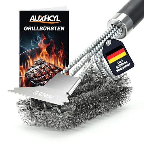 AUXHCYL Grillbürste Edelstahl, 3-in-1 Grill Bürste mit Schaber, PP Wärmedämmung Drahtbürste Grill, 45.5cm Extra Langer Edelstahl BBQ Grill Reinigungsbürste für Gasgrill, Holzkohlegrill, Grillrost von AUXHCYL