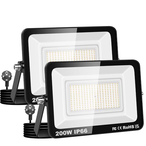AUXTINGS 2 Stück 200W Led Strahler Außen mit Stecke, 20000LM Scheinwerfer Aussen IP66 Fluter 6000K Kaltweiß Aussenstrahler Flutlichtstrahler mit 150cm Cable für Garten Hinterhof Garage Terrassen von AUXTINGS
