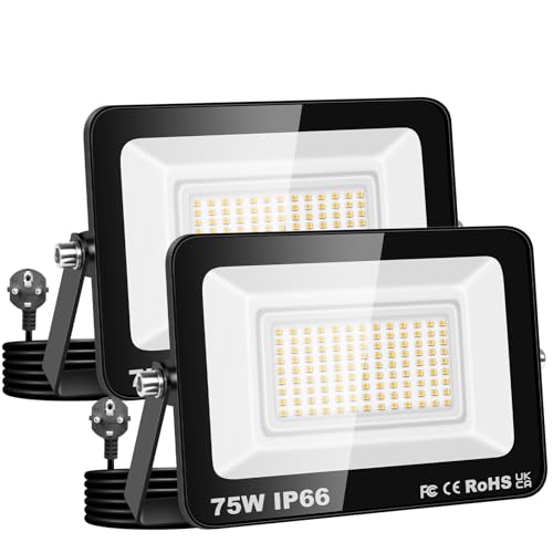 AUXTINGS 2 Stück 75W Led Strahler Außen mit Stecke, 7500LM Scheinwerfer Aussen IP66 Fluter 4000K Warmweiß Aussenstrahler Flutlichtstrahler mit 150cm Cable für Garten Hinterhof Garage Terrassen von AUXTINGS