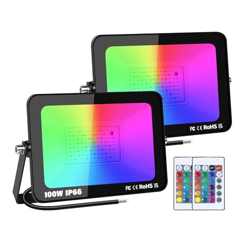 AUXTINGS 2 Stücke RGB LED Strahler 100W Fluter Außen,4 Modi Bunt LED Flutlichtstrahler Mit Fernbedienung, IP66 Außenstrahler Wasserdicht LED Flutlicht,Garten Feiern Bühne Häuser Weihnachten Halloween von AUXTINGS