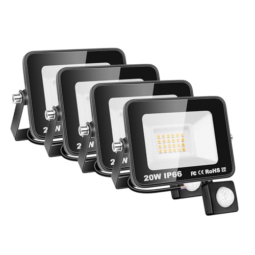 AUXTINGS 4 STücke 20W LED Strahler mit Bewegungsmelder, 2000LM 6000K Kaltweiß LED Fluter Außenleuchte, IP66 Wasserdicht Scheinwerfer Licht Wandleuchte für Garten Garage Sportplatz Hinterhof von AUXTINGS