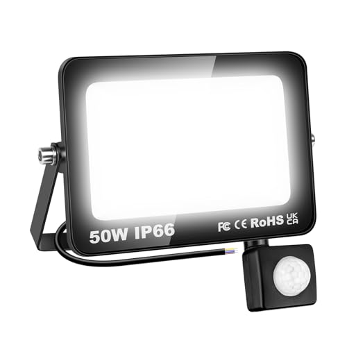 AUXTINGS 50W LED Strahler mit Bewegungsmelder,5000lm LED Scheinwerfer 6000K LED Fluter Kaltweiß Aussenstrahler Flutlicht Aussenlampe Beleuchtung für Innenhöfe Sportplatz Garage Garten Werkstatt,IP66 von AUXTINGS