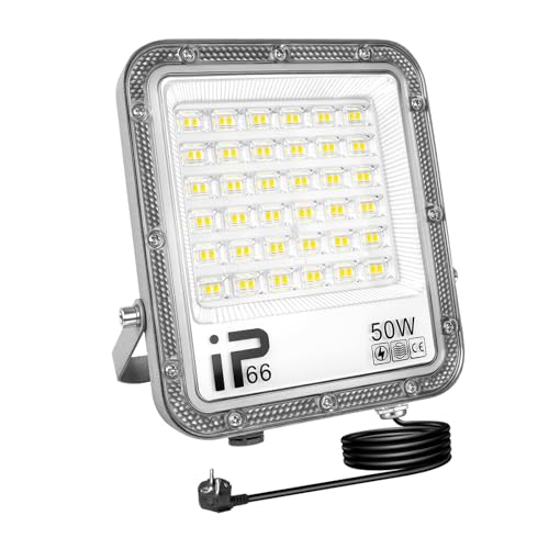 AUXTINGS LED Strahler Außen 50W,5000LM Sicherheitsbeleuchtung Aussen 1m Kabel mit Stecker, Aussenstrahler IP66 Wasserdicht, 6000K Außenstrahler, Flutlicht Scheinwerfer für Garten Garage Hof Haus von AUXTINGS