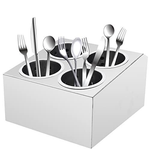 4 Loch Edelstahl-Zylinder,Besteckhalter Großes Fassungsvermögen mehr Besteck Utensilienhalter,Ausgehöhltes Design,Drainage Anti-Rutsch,Besteckkorb Utensil Besteckbox Organizer für Esszimmer Küchen von AUYART