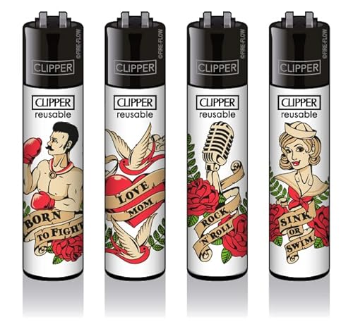 Clipper® 4er Tattoo #10 Collection Lighter Flints Feuerzeug + 2 Sticker von AV AVIShI