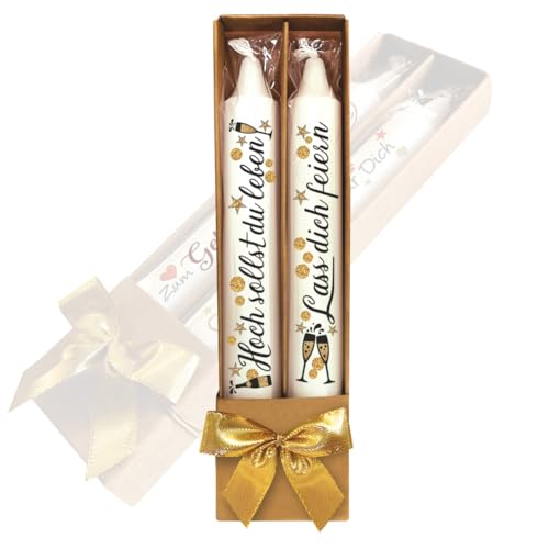2er Set Geburtstagskerzen Kerzen – Hoch sollst du leben & Lass dich feiern - in Geschenkverpackung mit Schleife | Sprüche auf Spitzkerzen Stabkerzen mit Tattoofolie im Geschenkset von AV Andrea Verlag