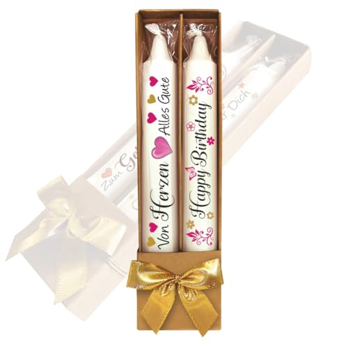 2er Set Geburtstagskerzen Kerzen – Von Herzen, Alles Gute & Happy Birthday - in Geschenkverpackung mit Schleife | Sprüche auf Spitzkerzen Stabkerzen mit Tattoofolie im Geschenkset von AV Andrea Verlag