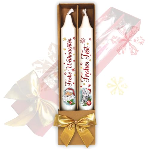 2er Set Weihnachtskerzen – Frohe Weihnachten & Frohes Fest - in Geschenkverpackung mit Schleife | Sprüche auf Spitzkerzen Stabkerzen Kerzen mit Tattoofolie im Geschenkset von AV Andrea Verlag