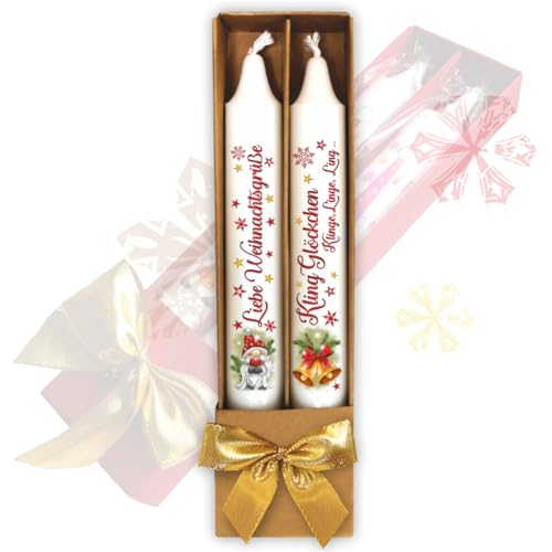 2er Set Weihnachtskerzen – Liebe Weihnachtsgrüße - in Geschenkverpackung mit Schleife | Sprüche auf Spitzkerzen Stabkerzen Kerzen mit Tattoofolie im Geschenkset von AV Andrea Verlag