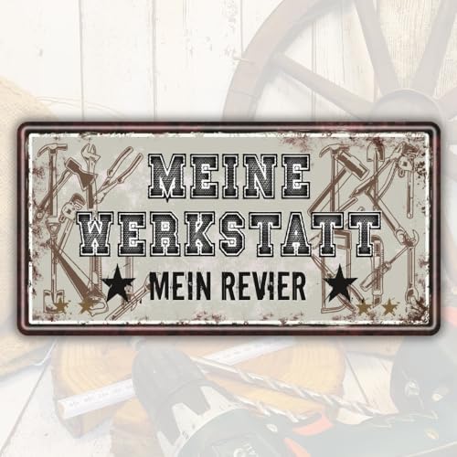 Großes Metallschild "Meine Werkstatt, Mein Revier" - Rostfreies Blechschild für Männer und Handwerker | Perfekte Deko für Werkstatt | Lustiges Geschenk | Hochwertiger UV-Schutz | Made in Germany von AV Andrea Verlag