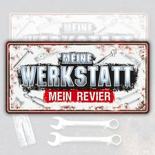 AV Andrea Verlag Großes Metallschild Blechschild - Meine Werkstatt Mein Revier II neu - Für Männer Handwerker als Geschenk rostfrei Türschild Schild mit lustigem Spruch im Vintage Retro Look von AV Andrea Verlag