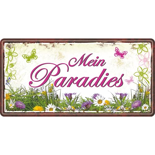 AV Andrea Verlag Großes Metallschild rostfrei Blechschild - Mein Paradies II neu - Schild Türschild Garten mit lustigem Spruch im Vintage Retro Look von AV Andrea Verlag