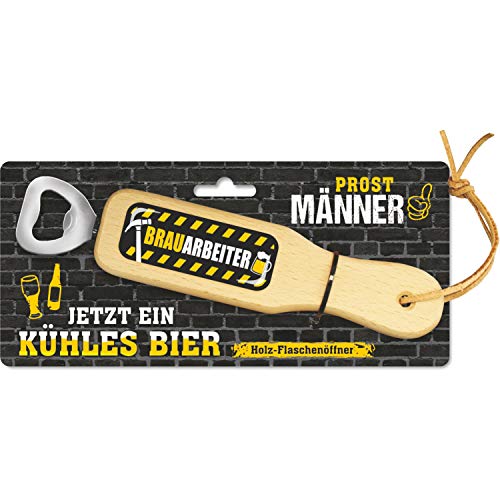 AV Andrea Verlag Holz Flaschenöffner Jetzt EIN kühles Bier, mit Leberriemen zum Anhängen. 3D Aufkleber mit lustigem Spruch Geschenk für Männer Männergeschenk (Flaschenöffner - Brauarbeiter) von AV Andrea Verlag