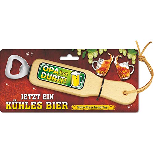 AV Andrea Verlag Holz Flaschenöffner Jetzt EIN kühles Bier, mit Leberriemen zum Anhängen. 3D Aufkleber mit lustigem Spruch Geschenk für Männer Männergeschenk (Flaschenöffner - Opa hat Durst) von AV Andrea Verlag