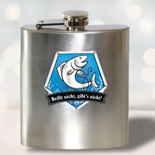 Flachmann aus Edelstahl - Beißt nicht, gibts nicht gebürstet 3D Etikett Doming rostfrei 7 oz. 200 ml für verschiedene Anlässe Whisky Liebhaber | Geschenk für Angler Anglergeschenk von AV Andrea Verlag