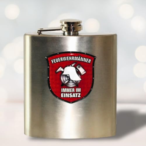 Flachmann aus Edelstahl gebürstet mit 3D Hochglanz Etikett - Feuerwehrmänner - 7 oz. 200 ml Feurwehrgeschenk von AV Andrea Verlag