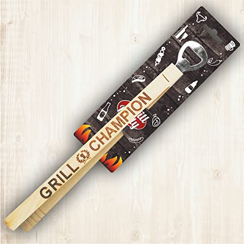 AV Andrea Verlag Grillzange mit Flaschenöffner - Grill Champion - Echt Holz ca. 35 cm lustiger Spruch Motiv Gravur hochwertig gelasert das perfekte Männerwerkzeug Geschenkidee von AV Andrea Verlag