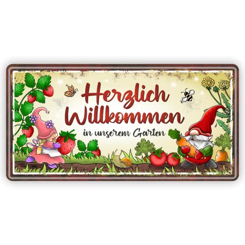 Großes Metallschild rostfrei Blechschild - Herzlich Willkommen in unserem Garten - Schild Türschild mit lustigem Spruch im Vintage Retro Look von AV Andrea Verlag