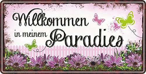 AV Andrea Verlag Großes Metallschild rostfrei Blechschild Schild Garten mit lustigem Spruch im Vintage Retro Look (Willkommen im Paradies) von AV Andrea Verlag