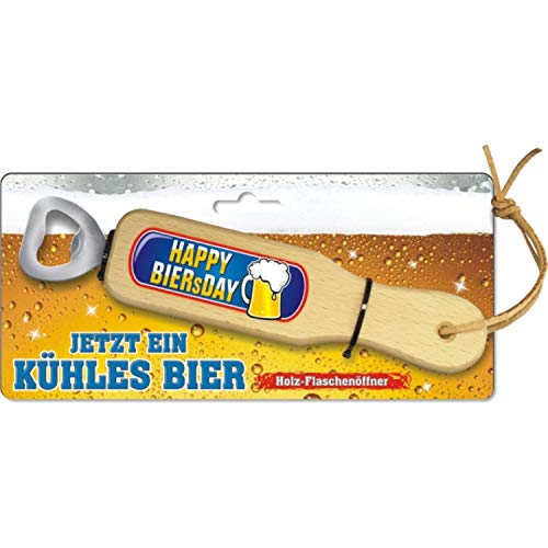 AV Andrea Verlag Holz Flaschenöffner - Happy Biersday – zum Geburtstag. Jetzt EIN kühles Bier, mit Leberriemen zum Anhängen, 3D Aufkleber mit lustigem Spruch von AV Andrea Verlag