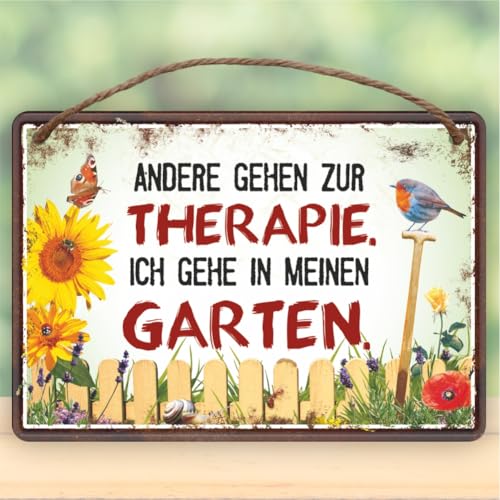 Metallschild rostfrei Blechschild mit Kordel zum Anhängen - Andere gehen zur Therapie, ich gehe in meinen Garten - Gartenschild Schild Türschild mit lustigem Spruch im Vintage Retro Look von AV Andrea Verlag