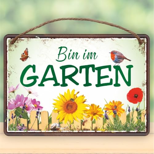 Metallschild rostfrei Blechschild mit Kordel zum Anhängen - Bin im Garten - Gartenschild Schild Türschild mit lustigem Spruch im Vintage Retro Look von AV Andrea Verlag