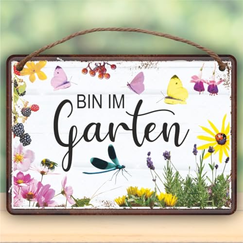 Metallschild rostfrei Blechschild mit Kordel zum Anhängen - Bin im Garten II - Gartenschild Schild Türschild mit lustigem Spruch im Vintage Retro Look Metallschild rostfrei Blechschild mit Kordel zum Anhängen - Bin im Garten II - Gartenschild Schild Türschild mit lustigem Spruch im Vintage Retro Look von AV Andrea Verlag