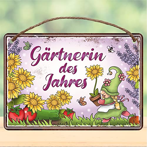 Metallschild rostfrei Blechschild mit Kordel zum Anhängen - Gärtnerin des Jahres - Gartenschild Schild Türschild mit lustigem Spruch im Vintage Retro Look von AV Andrea Verlag
