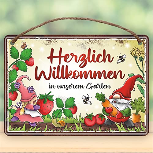 Metallschild rostfrei Blechschild mit Kordel zum Anhängen - Herzlich Willkommen in unserem Garten - Gartenschild Schild Türschild mit lustigem Spruch im Vintage Retro Look von AV Andrea Verlag