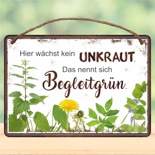 Metallschild rostfrei Blechschild mit Kordel zum Anhängen - Hier wächst kein Unkraut, das nennt sich Begleitgrün II - Gartenschild Schild Türschild mit lustigem Spruch im Vintage Retro Look von AV Andrea Verlag