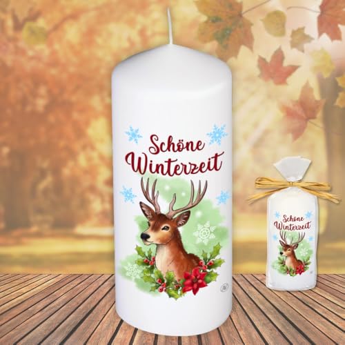 Motivkerze Tiere Stumpenkerze – Schöne Winterzeit, Hirsch - Kerze in Geschenkverpackung mit Schleife | moderne Motive Herbstmotiv Wintermotiv auf Tattoofolie Schiebefolie von AV Andrea Verlag