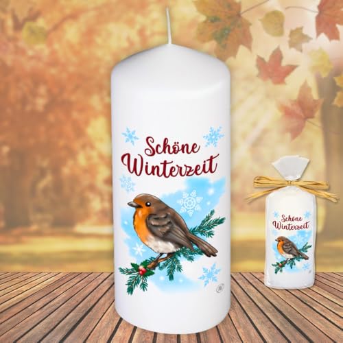 Motivkerze Tiere Stumpenkerze – Schöne Winterzeit, Rotkehlchen - Kerze in Geschenkverpackung mit Schleife | moderne Motive Herbstmotiv Wintermotiv auf Tattoofolie Schiebefolie von AV Andrea Verlag