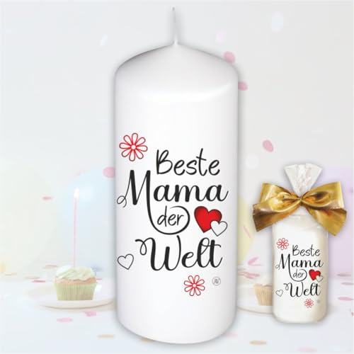 Stumpenkerze Kerze - Beste Mama der Welt - Für Dich | bunte moderne Motive Farben auf Tattoofolie für Kerzen | mit Geschenkfolie und goldener Schleife | Geburtstagkerze in Geschenkverpackung von AV Andrea Verlag