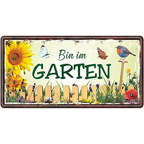 Verlag Großes Metallschild rostfrei Blechschild - Bin im Garten - Schild Türschild mit lustigem Spruch im Vintage Retro Look von AV Andrea Verlag