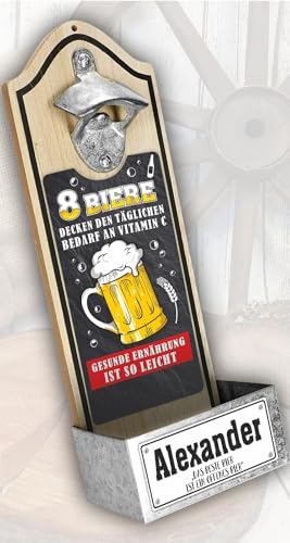 Wandflaschenöffner PERSONALISIERBAR - 8 Biere Vitamin C - Mit Name und Spruch individualisierbar | Flaschenöffner für die Wand | Bieröffner mit Auffangbehälter für Kronkorken im Retro Vintage-Design von AV Andrea Verlag
