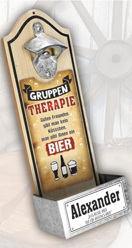 Wandflaschenöffner PERSONALISIERBAR - Gruppen Therapie Bier - Mit Name und Spruch individualisierbar Flaschenöffner für die Wand | Bieröffner mit Auffangbehälter für Kronkorken im Retro Vintage-Design von AV Andrea Verlag