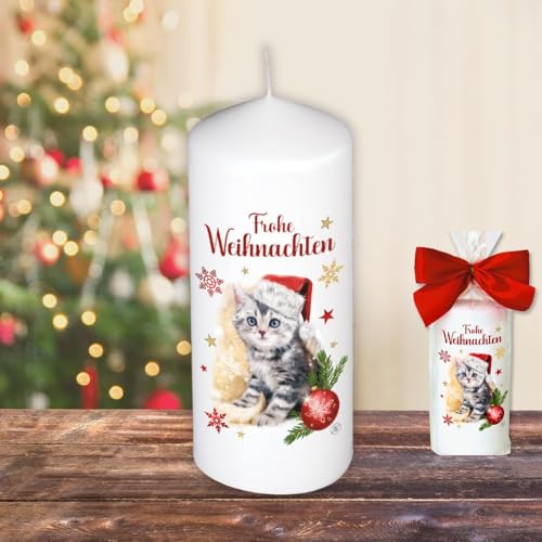 Weihnachtskerze Stumpenkerze – FFrohe Weihnachten, Katze - Kerze in Geschenkverpackung mit Schleife zu Weihnachten | moderne Motive auf Tattoofolie Schiebefolie von AV Andrea Verlag