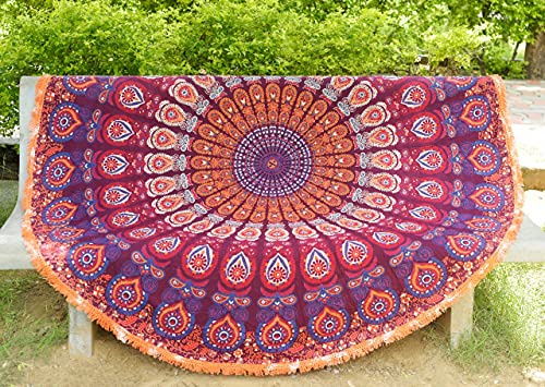 AVA Collections Große runde Baumwolldecke, indischer Pfauen-Mandala, großer Wandteppich, Überwurf, runde Strandmatte, Yoga, Meditationsmatte, Teppich, Picknickkleid, Heimdekoration, Sofa-Überwurf, 183 von AVA Collections