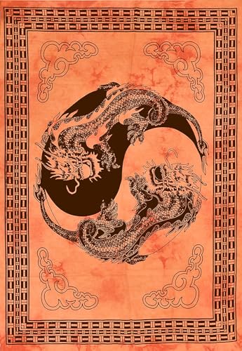 AVA Collections Oranger Wandteppich, Yin-Yang-Wandbehang, handgefertigt, indische Baumwolle, Poster, Größe Wanddekoration, 102 x 76 cm, Boho-Hippie-Wandkunst, Hippie-Schlafzimmer-Dekor (Orange, von AVA Collections