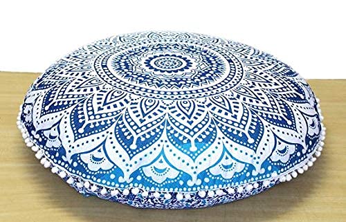 Mandala-Bodenkissenbezug, 81,3 cm, rund, bunt, dekorativ, Boho-Chic, für Hundebett, indischer Pouf, Ottomane, handgefertigt, Ombre-Blau von AVA Collections