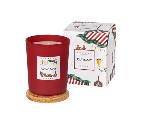 AVA & MAY – Duftkerze Nürnberg 180g im Glas mit Holzdeckel – Gegossene Sojawachskerze mit winterlichen Noten von Ingwer, Nelke & Zimt – Weihnachtskerze für langanhaltenden Genuss – Mit 40h Brenndauer von AVA & MAY