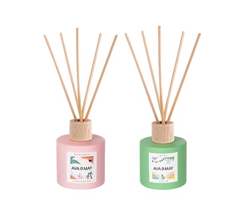 AVA & MAY Island Diffuser Set (Amazon Exclusive) – veganes Set mit Duftstäbchen aus Rattan und Duft für je ca. 4 Wochen – 1 x Bahamas und 1 x Ibiza Diffuser mit hochwertigem Duftöl von AVA & MAY