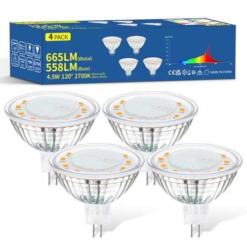 MR16 LED 4.5W Leuchtmittel - Gu5.3 Warmweiss Glühbirne CRI>90 AC/DC 12V Flimmerfrei Strahler Ersetzt 50W Halogenlampe 558ml 2700k Abstrahlwinkel 120° Spot Nicht Dimmbar Reflektor Lampen 4 Stück von SAMALICAR