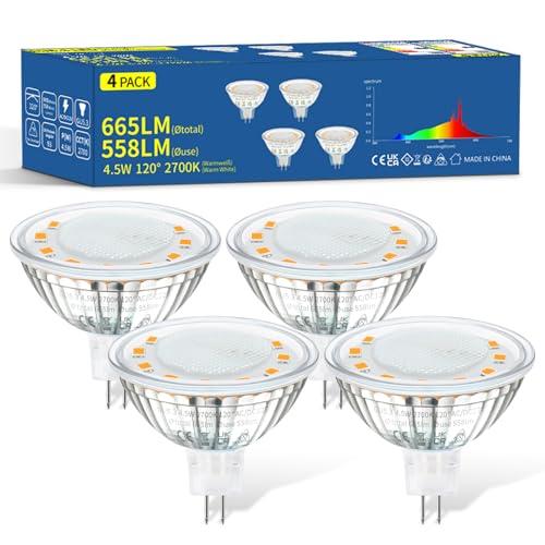 AVACOM MR16 LED Warmweiss,Gu5.3 Warmweißes Leuchtmittel 4 Stück CRI>90RA, AC/DC 12V 4.5W Ersetzt 50w Halogenlampe,558ml 2700k Farbtemperatur Nicht Dimmbare Frequenzloser Abstrahlwinkel 120° von AVACOM