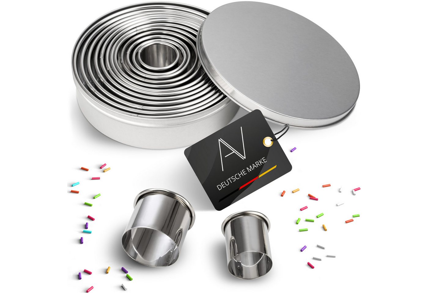 AVANA Ausstechform Ausstecher Ringe Keksformen Plätzchen Speiseringe Cookie Cutter Rund, Edelstahl, (12 Stück), Set Ausstechformen mit Aufbewahrungsbox von AVANA