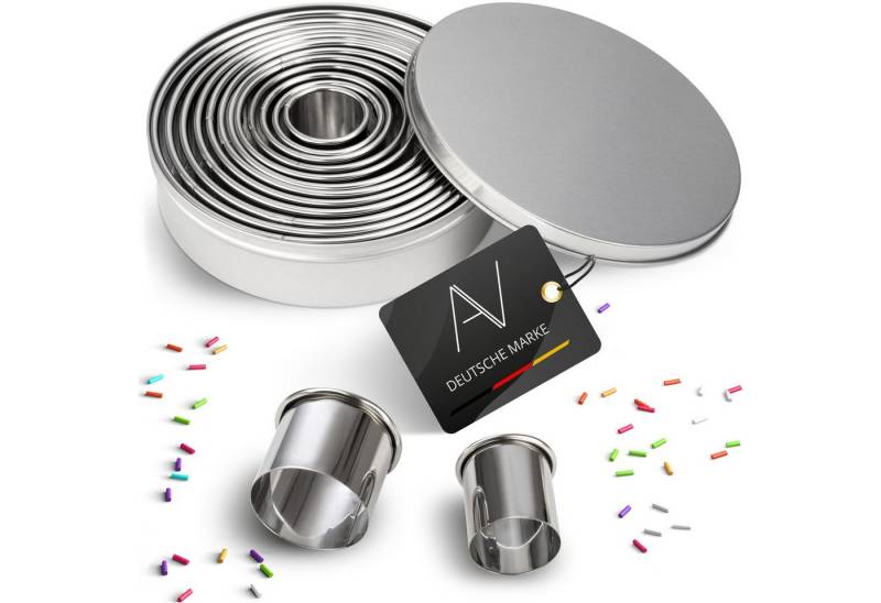 AVANA Ausstechform Ausstecher Ringe Keksformen Plätzchen Speiseringe Cookie Cutter Rund, Edelstahl, (12 Stück), Set Ausstechformen mit Aufbewahrungsbox von AVANA